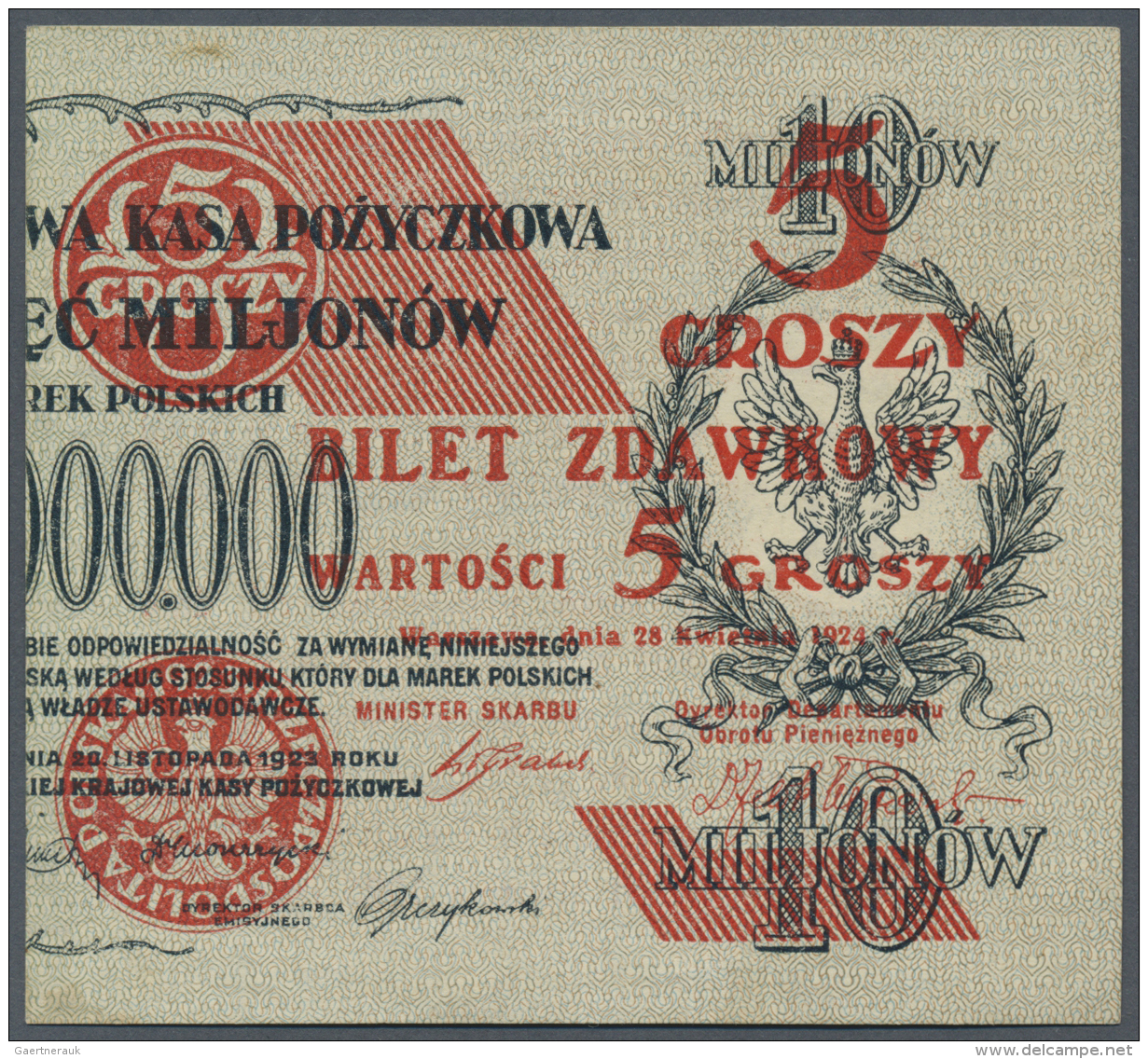 Poland / Polen: Provisional "Cut In Half" Bilet Zdawkowy (Utility Note) Issue 5 Grosz 1924 P. 43b In Condition: XF+. - Polonia