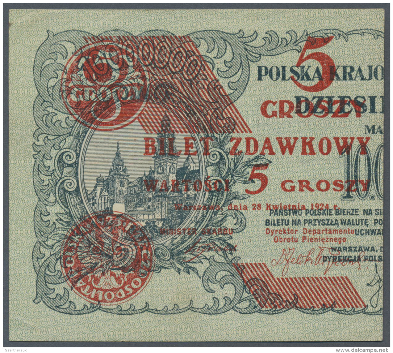 Poland / Polen: Provisional "Cut In Half" Bilet Zdawkowy (Utility Note) Issue 5 Grosz 1924 P. 43a In Condition: XF+. - Polonia