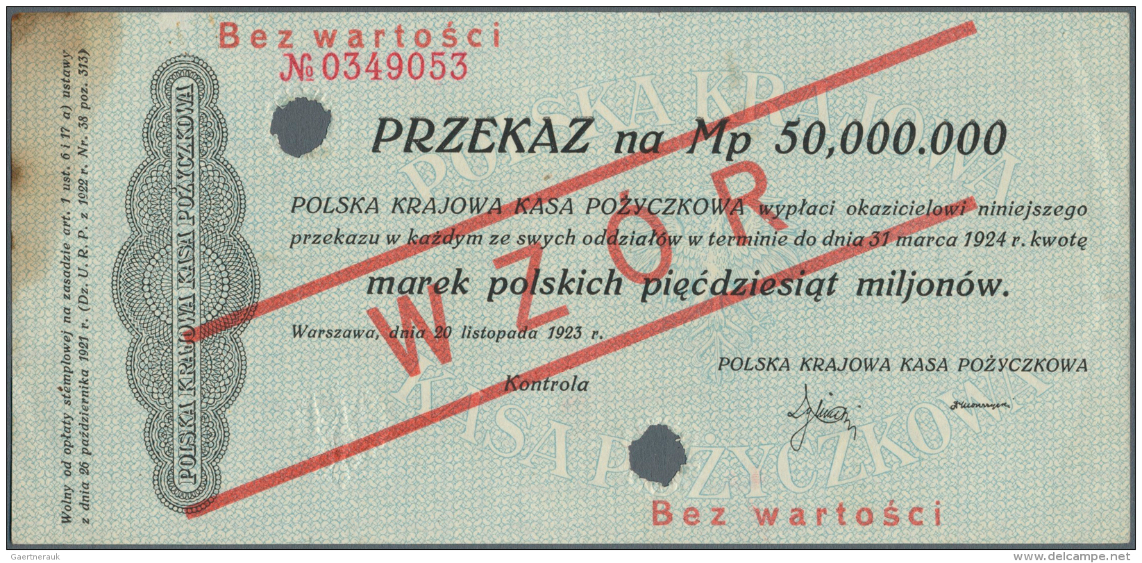 Poland / Polen: 50.000.000 Marek Polskich 1923 Specimen With Red Ovpt. WZOR And Specimen Number 0349053, P.40s, Punch Ho - Pologne