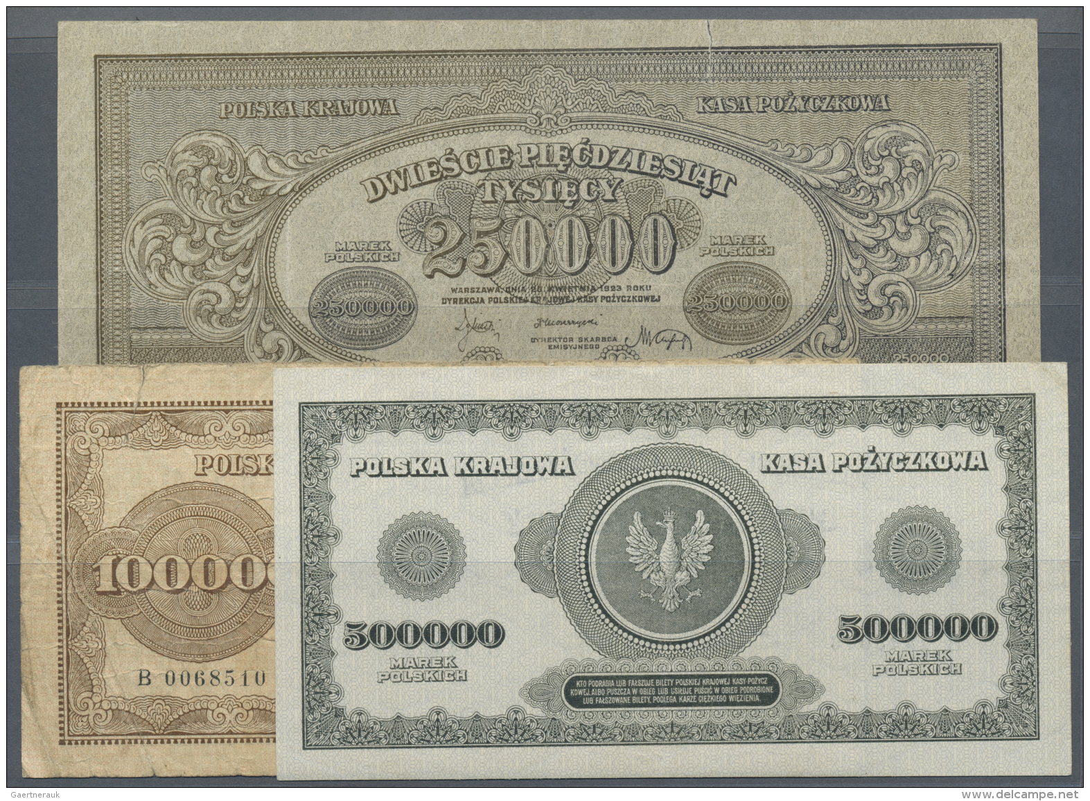 Poland / Polen: Set Of 3 Notes Containing 250.000 Marek 1923 P. 34 (F With A 1cm Tear At Top Border), 100.000 Marek 1923 - Polonia