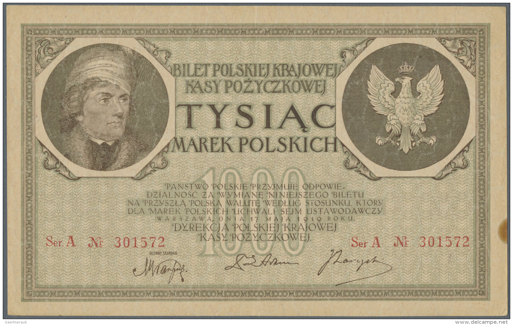 Poland / Polen: 1000 Marek 1919 P. 22b, Very Light Center Fold, Light Creases And Handling In Paper, Stain Dot At Lower - Pologne