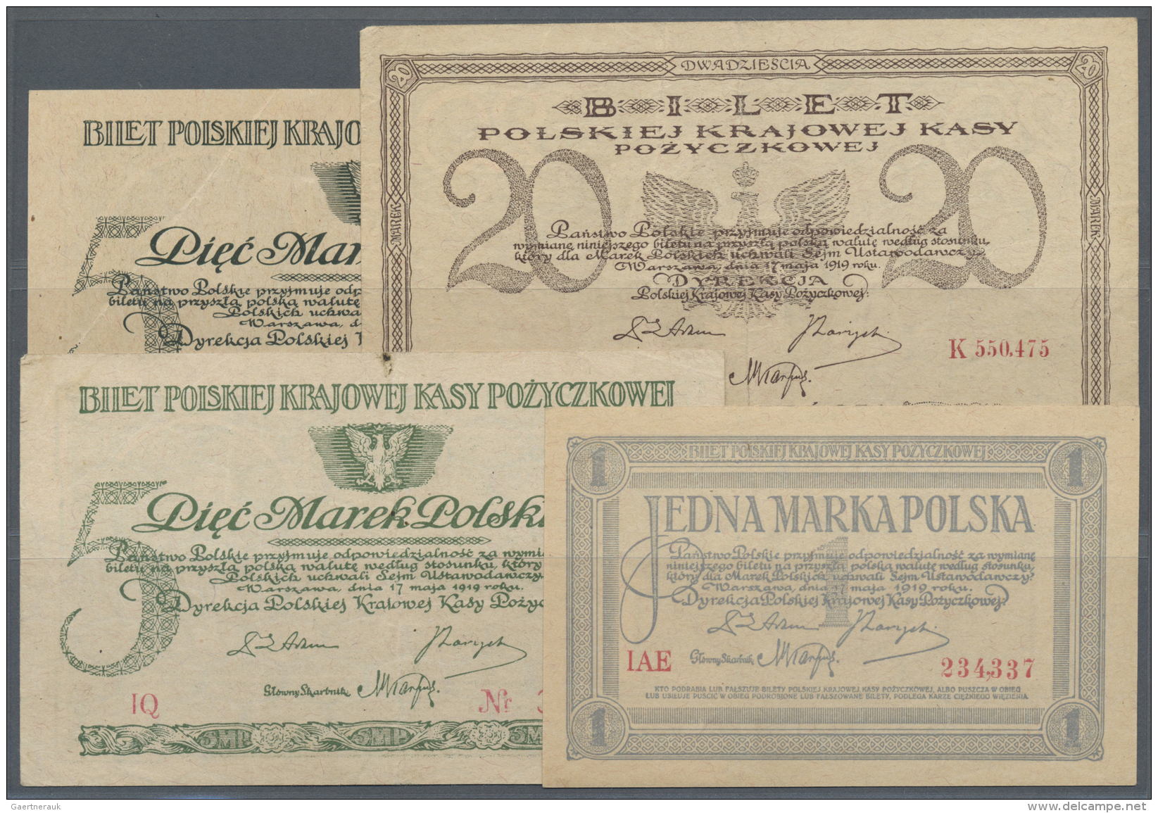 Poland / Polen: Set Of 4 Notes Containing 1 Marka 1919 P. 19 (aUNC), 2x 5 Marka 1919 P. 20a,b (VF And F) And 20 Marka 19 - Poland