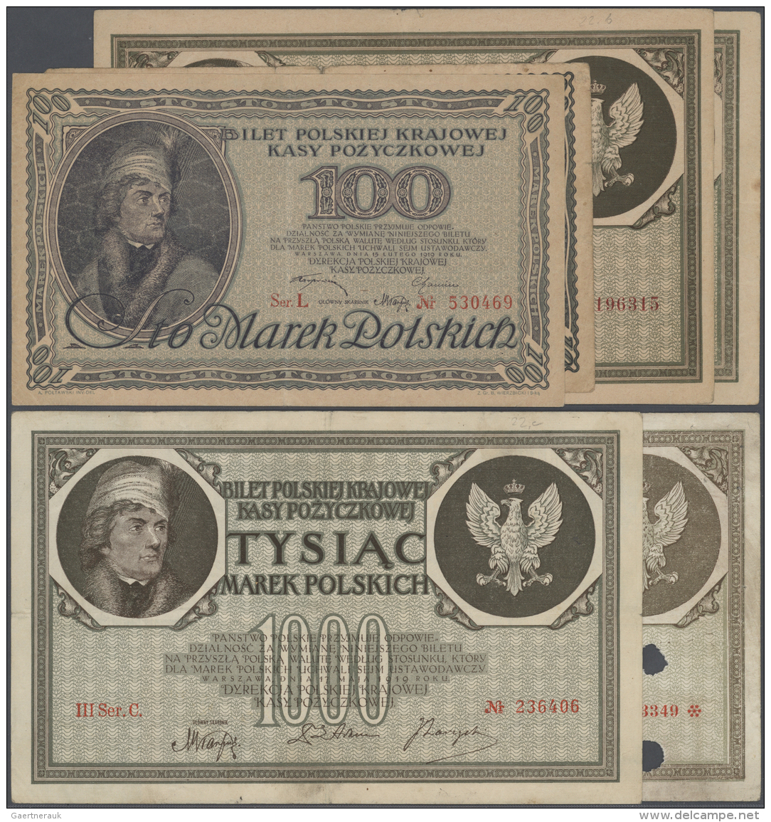 Poland / Polen: Set Of 6 Notes Containing 2x 100 Zl 1919 P. 18a,b (F+, F-), 4x 1000 Zl. 1919 P. 22a,b,c,d, The First In - Polonia