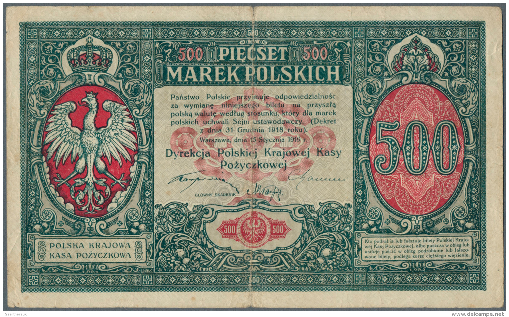 Poland / Polen: 500 Marek 1919, P.18, Small Tears At Upper And Lower Margin, Several Folds. Condition: F - Polonia