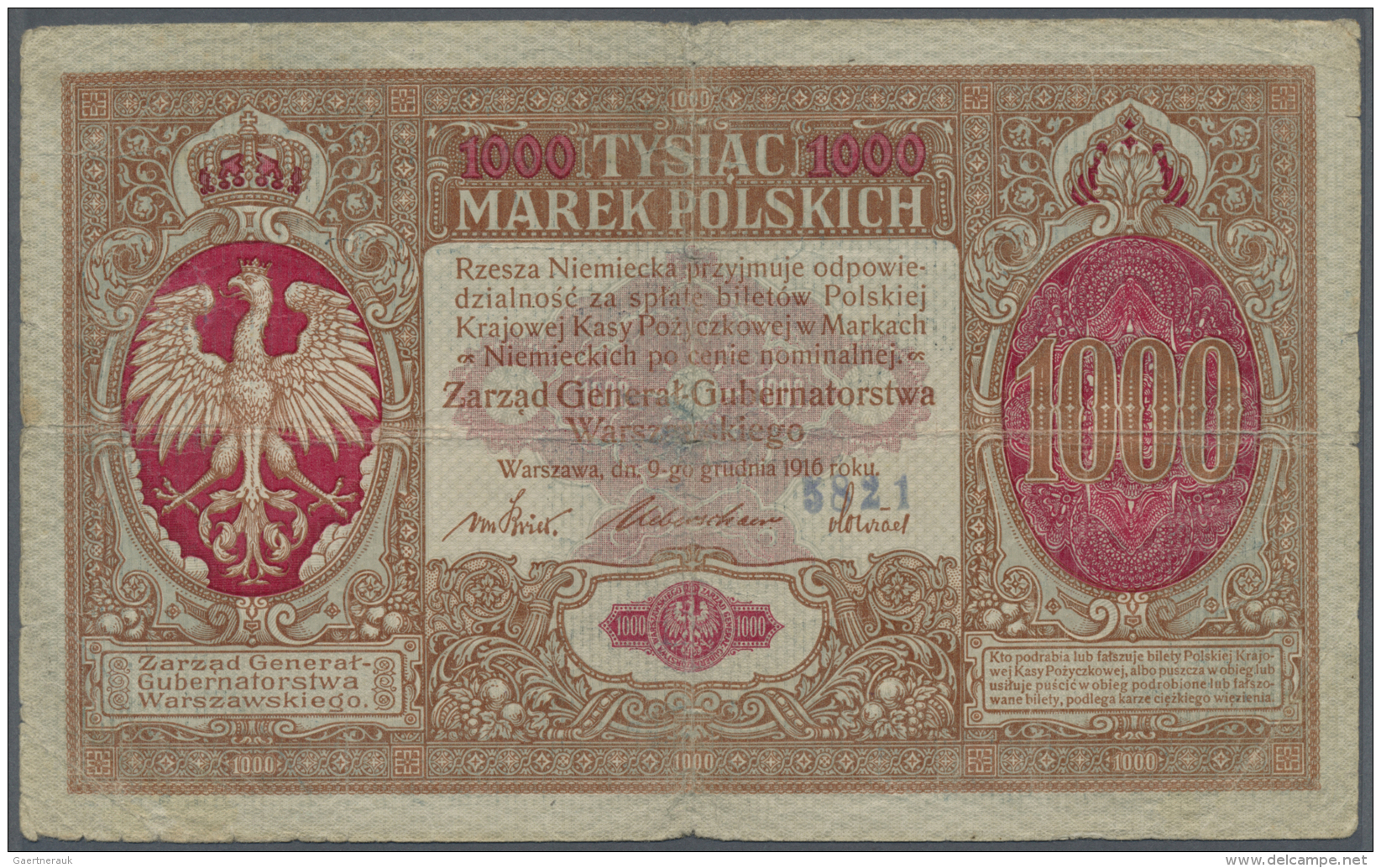Poland / Polen: 1000 Marek 1916 P. 16, Stronger Used With Very Strong Horizontal And Vertical Fold, Center Hole, Stained - Pologne