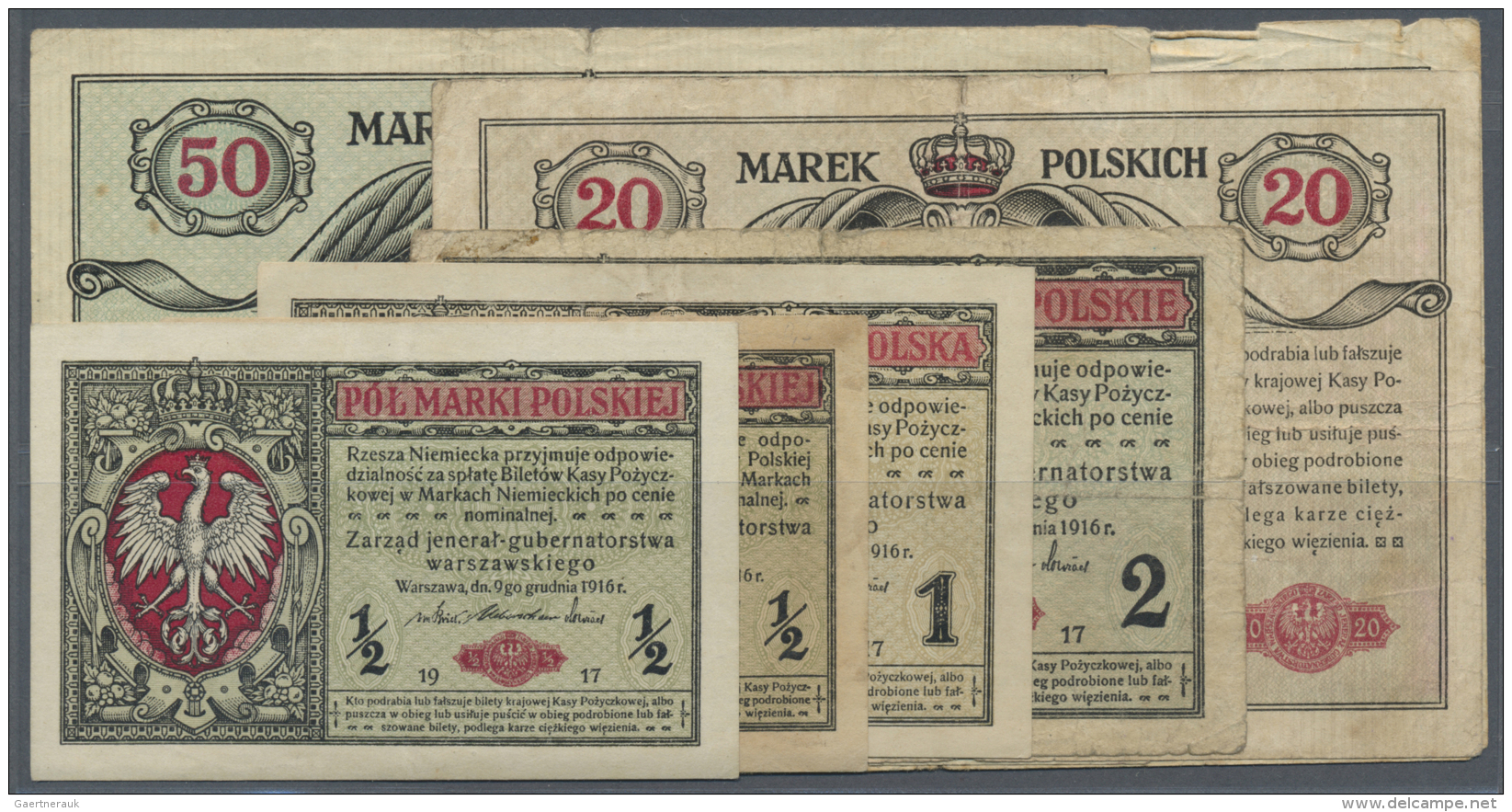 Poland / Polen: Set Of 7 Notes Containing 2x 1/2 Marki 1917 P. 1 (2x VF), 1 Marka 1917 P. 2 (VF), 2 Marek 1917 P. 3 (VG) - Polonia