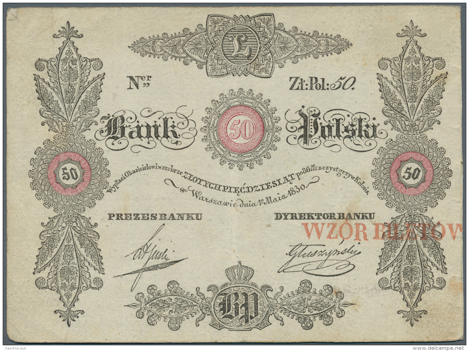 Poland / Polen: 50 Zlotych 1830 Front And Back Proof On Cardboard In Very Nice Condition With Some Stains And Folds. Ext - Pologne