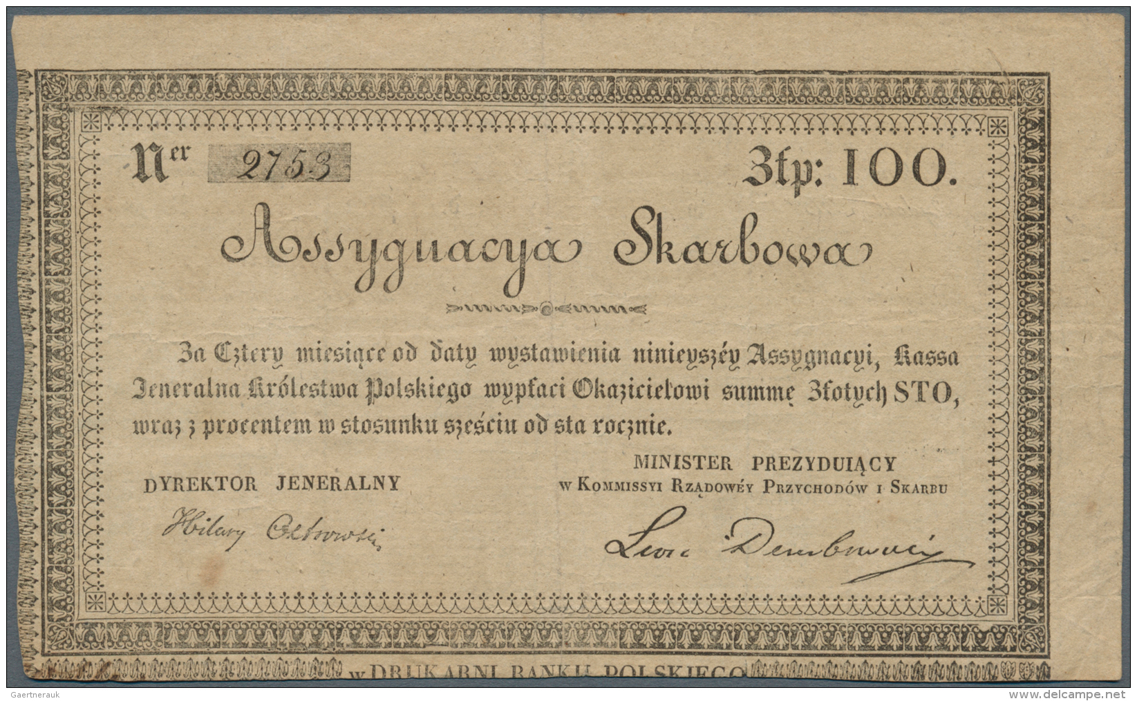 Poland / Polen: 100 Zlotych 1831 Assygnacya Skarbowa, P.A18A In Very Nice And Attractive Condition With Several Folds An - Polonia