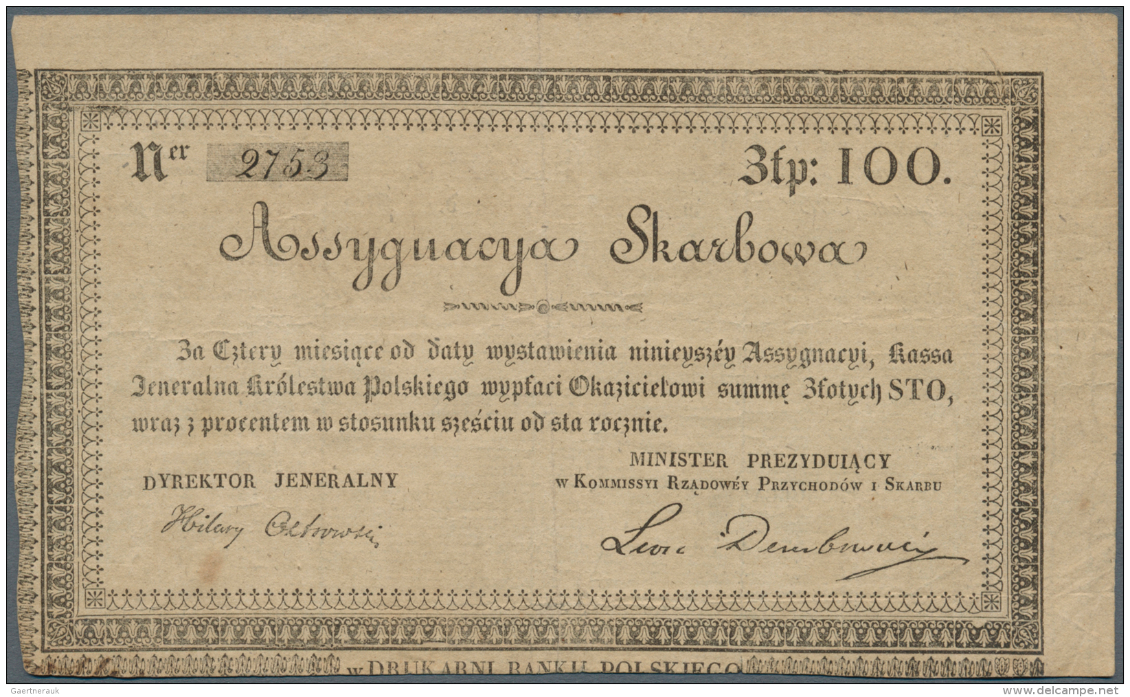 Poland / Polen: 100 Zlotych 1831 Assygnacya Skarbowa, P.A18A In Very Nice And Attractive Condition With Several Folds An - Poland