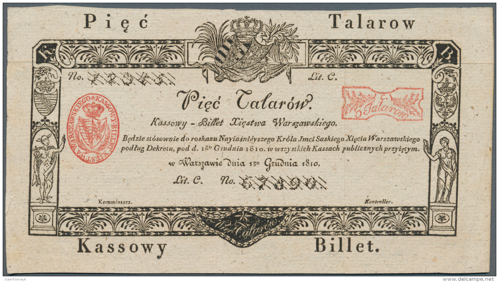 Poland / Polen: 5 Talarow 1810 Specimen, Or Formular, With Serial Number 1234567890 And W/o Signature In Very Nice Condi - Pologne