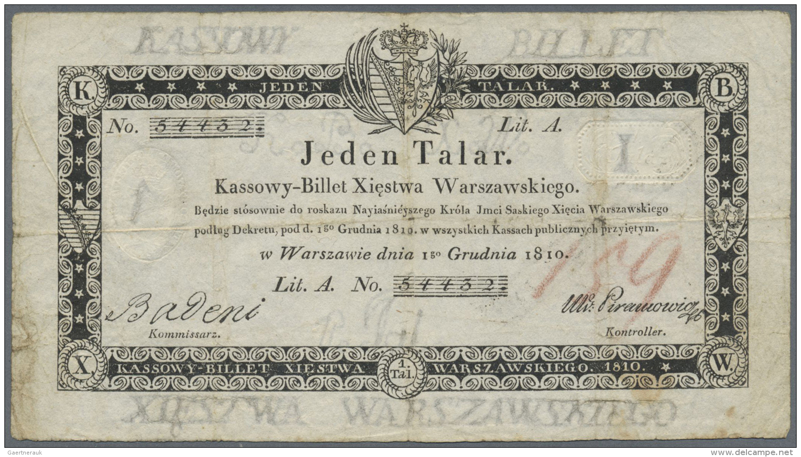 Poland / Polen: 1 Talar 1810, P.A12, Stained Paper With Several Folds And Tiny Tears And Holes At Center. Condition: F - Pologne