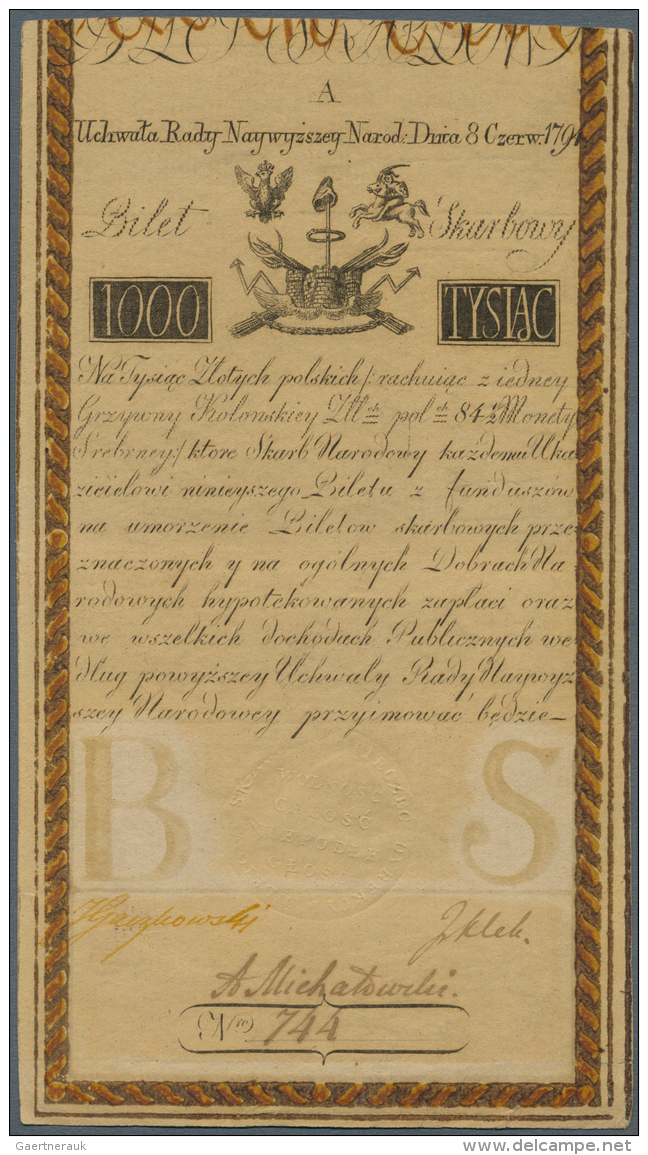 Poland / Polen: 1000 Zlotych 1794, P.A7 In Excellent Condition With Strong Paper And Bright Colors, 0,5 Cm Tear At Lower - Pologne