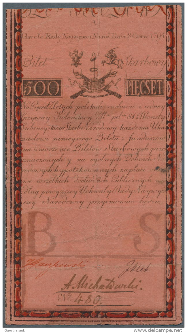 Poland / Polen: 500 Zlotych 1794, P.A6 In Used Condition With Several Tiny Tears Along The Borders And In The Note. Very - Pologne