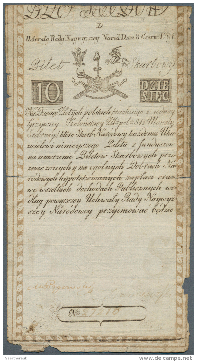 Poland / Polen: 10 Zlotych 1794, P.A2a In Nice Used Condition With Several Tears And Tiny Missing Parts. Condition: F- - Pologne