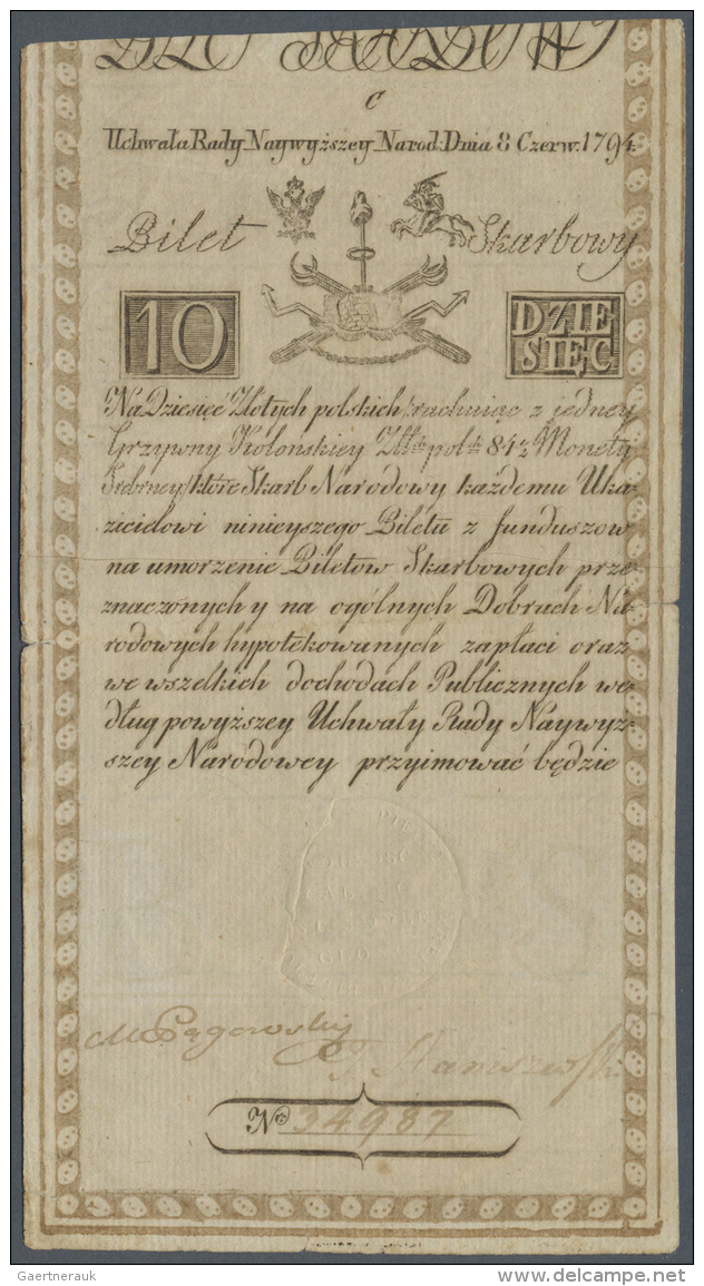 Poland / Polen: 10 Zlotych 1794 P. A2, Used With Folds, Minor Border Tears, Condition: F+. - Pologne