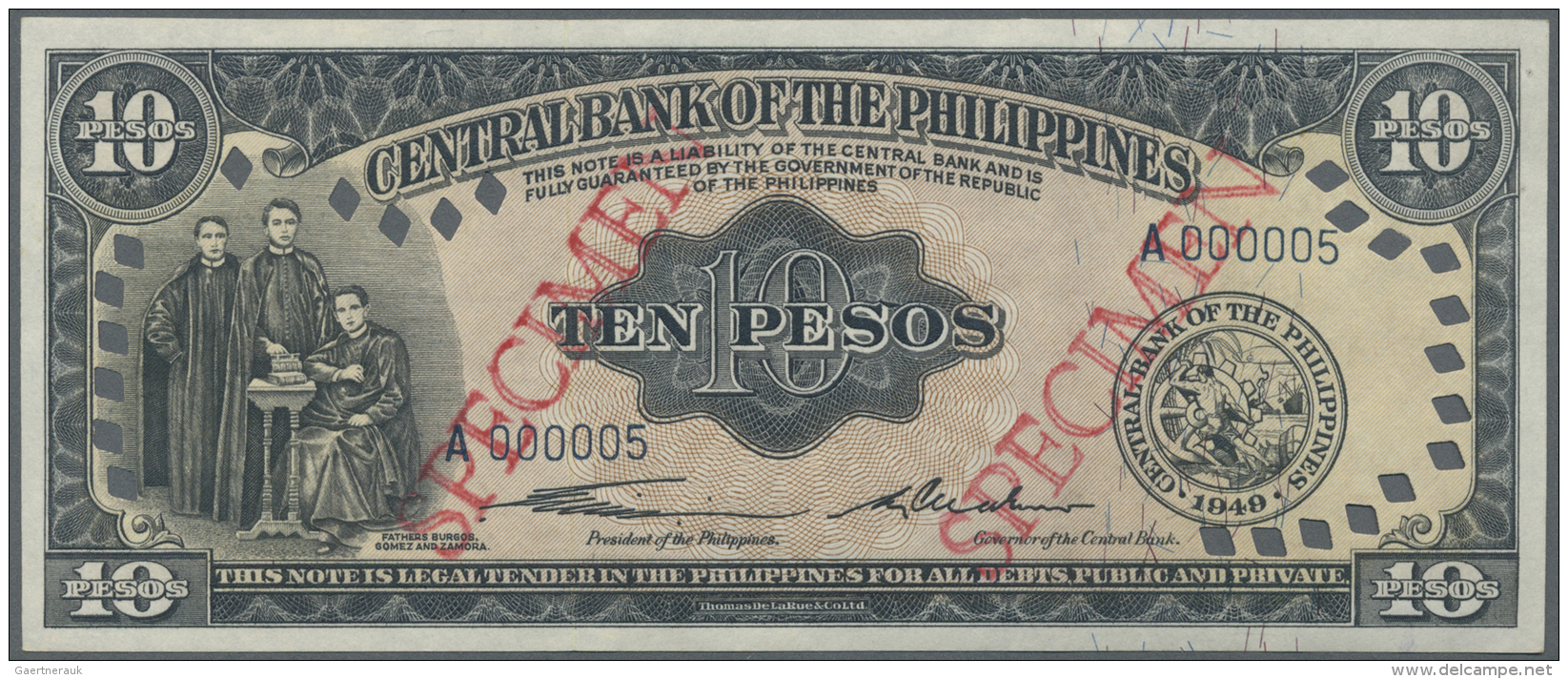 Philippines / Philippinen: 10 Pesos 1949 Specimen P. 136s, Interesting Piece With Several Cancellation Holes, Specimen S - Philippines