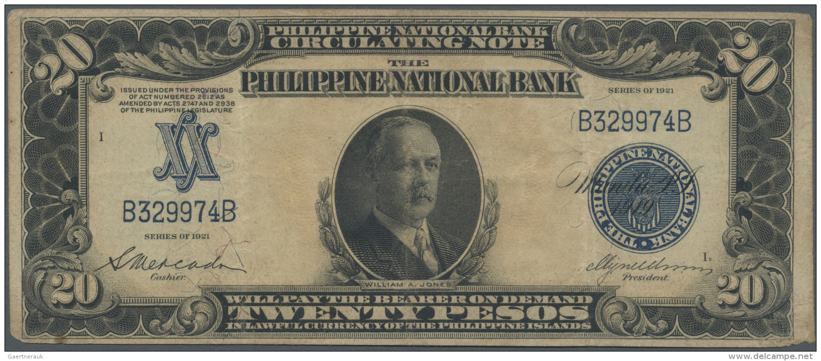 Philippines / Philippinen:  Philippine National Bank 20 Pesos 1921, P.55, Toned Paper With Several Folds And Tiny Missin - Filippine