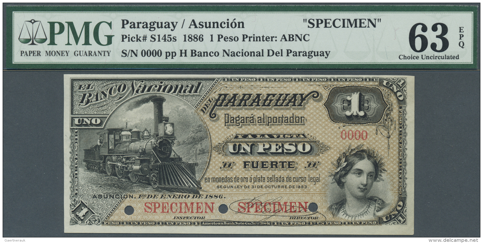 Paraguay:  Banco Nacional Del Paraguay 1 Peso Fuerte 1886 SPECIMEN, P.S145s With Red Serial Number 000, Punch Hole Cance - Paraguay