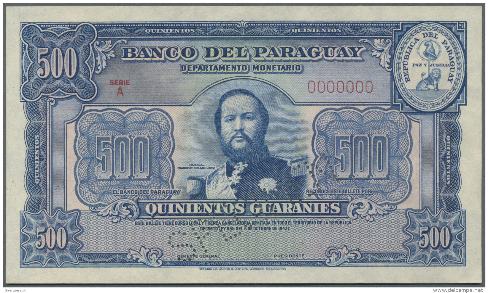 Paraguay: 500 Guaranies L.1943 Specimen With Specimen Perforation, P. 183s, Zero Serial Numbers, Light Dints At Right, O - Paraguay