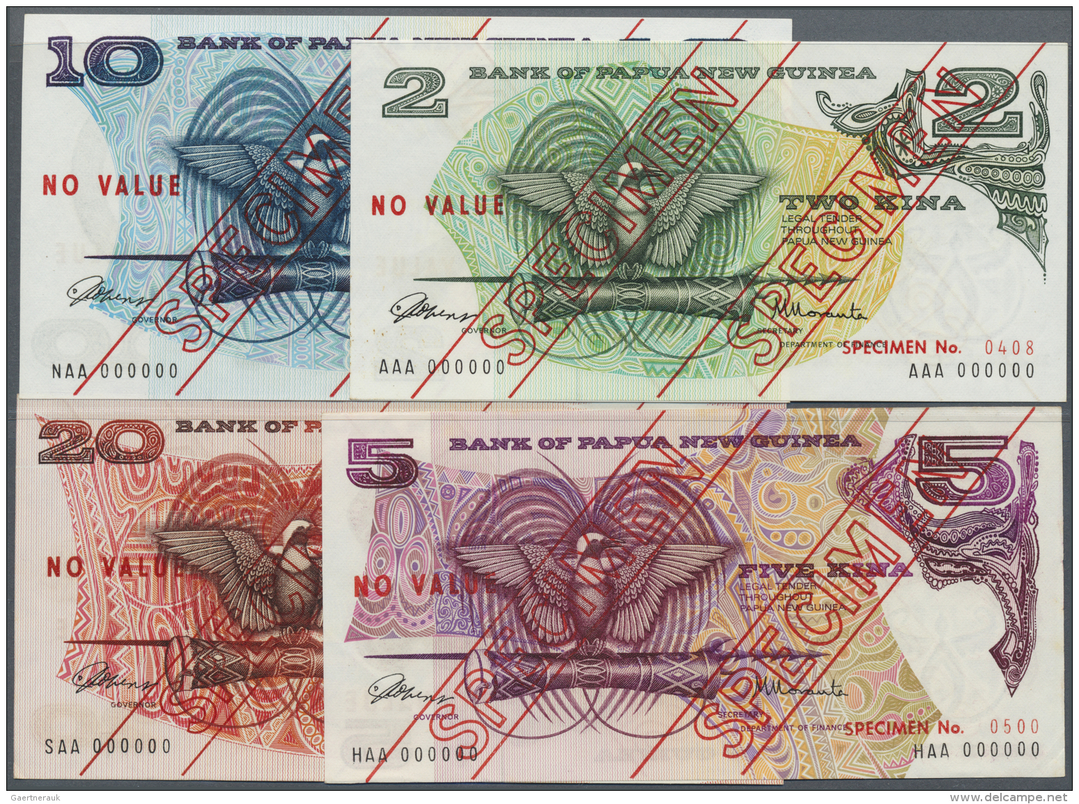 Papua New Guinea: 2, 5, 10 And 20 Kina ND(1975) SPECIMEN, P.1s-4s, 2 Kina With Tiny Rusty Spots At Lower Left, 5 Kina Wi - Papouasie-Nouvelle-Guinée