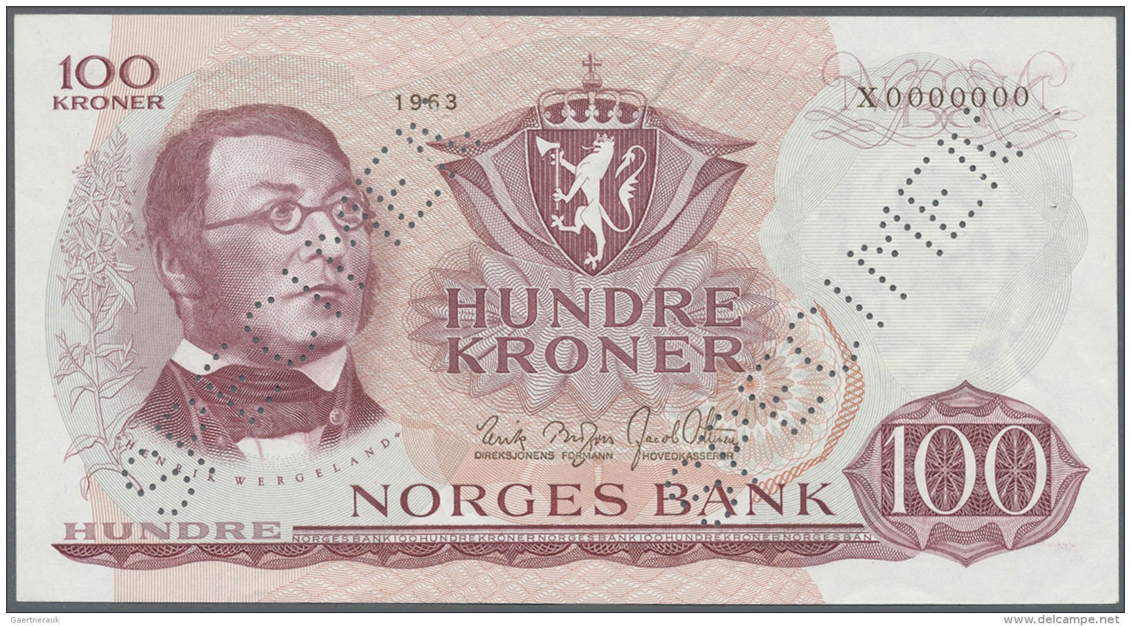 Norway / Norwegen: 100 Kroner 1963 Specimen P. 38s With Zero Serial Numbers, Specimen Perforation, One Light Vertical Fo - Norway