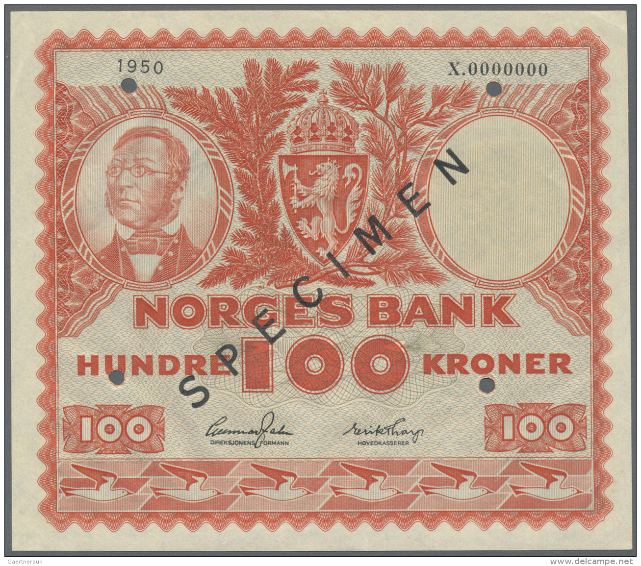 Norway / Norwegen: Rare 100 Kroner 1950 Specimen P. 33as With Specimen Overprint, Cancellation Holes And Zero Serial Num - Norvegia