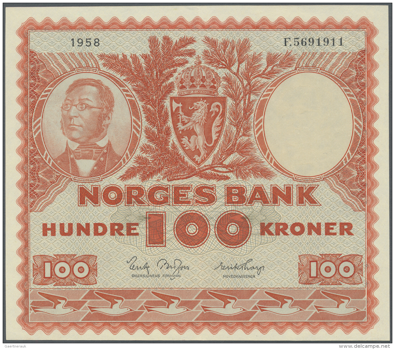 Norway / Norwegen: 100 Kroner 1958, P.33 In Excellent Condition With A Sharp Vertical Fold At Center, Otherwise Perfect. - Norvège