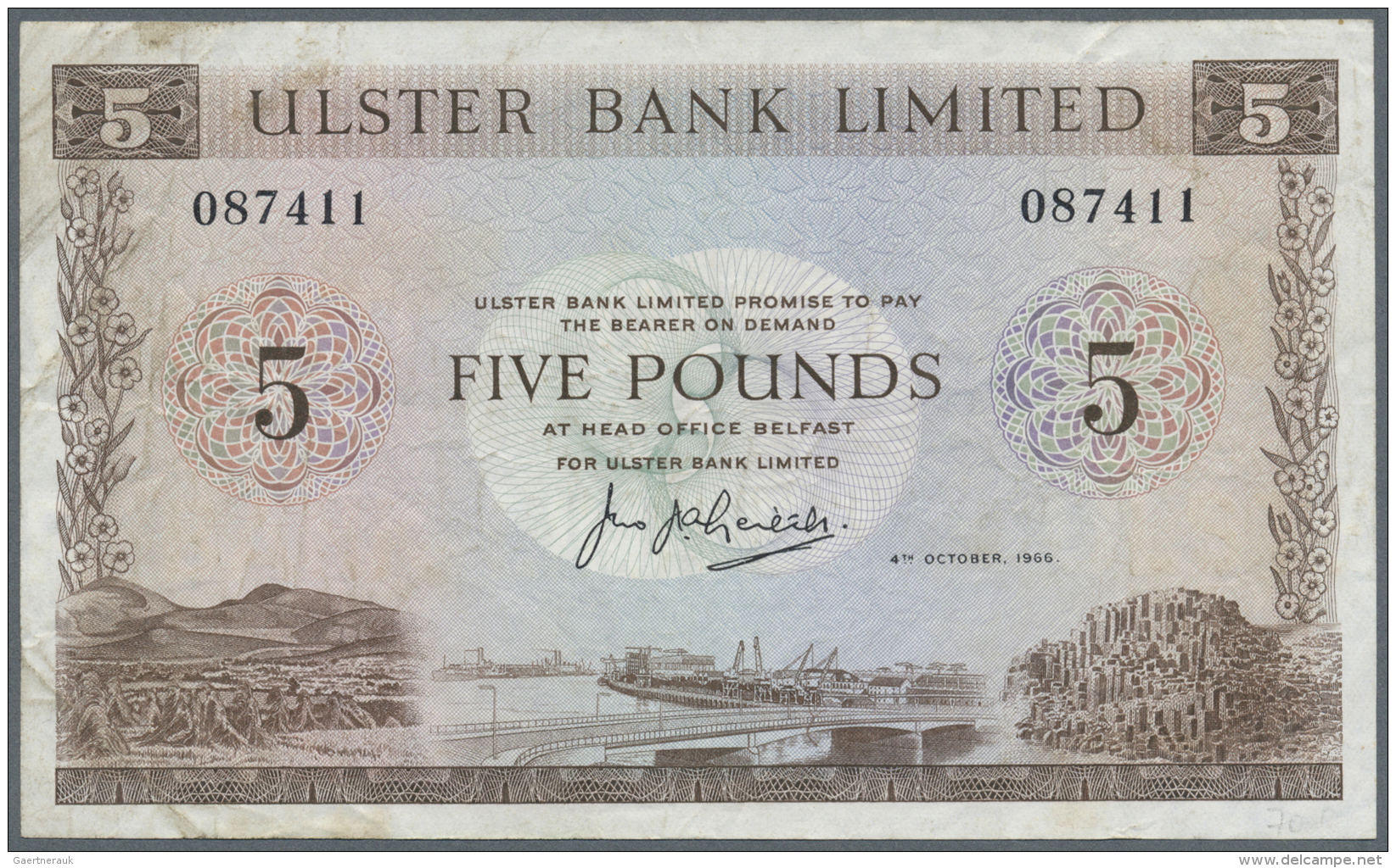 Northern Ireland / Nordirland: 5 Pounds 1966 P. 322a, Ulster Bank Limited, Used With Several Folds And Creases, Staining - Autres & Non Classés