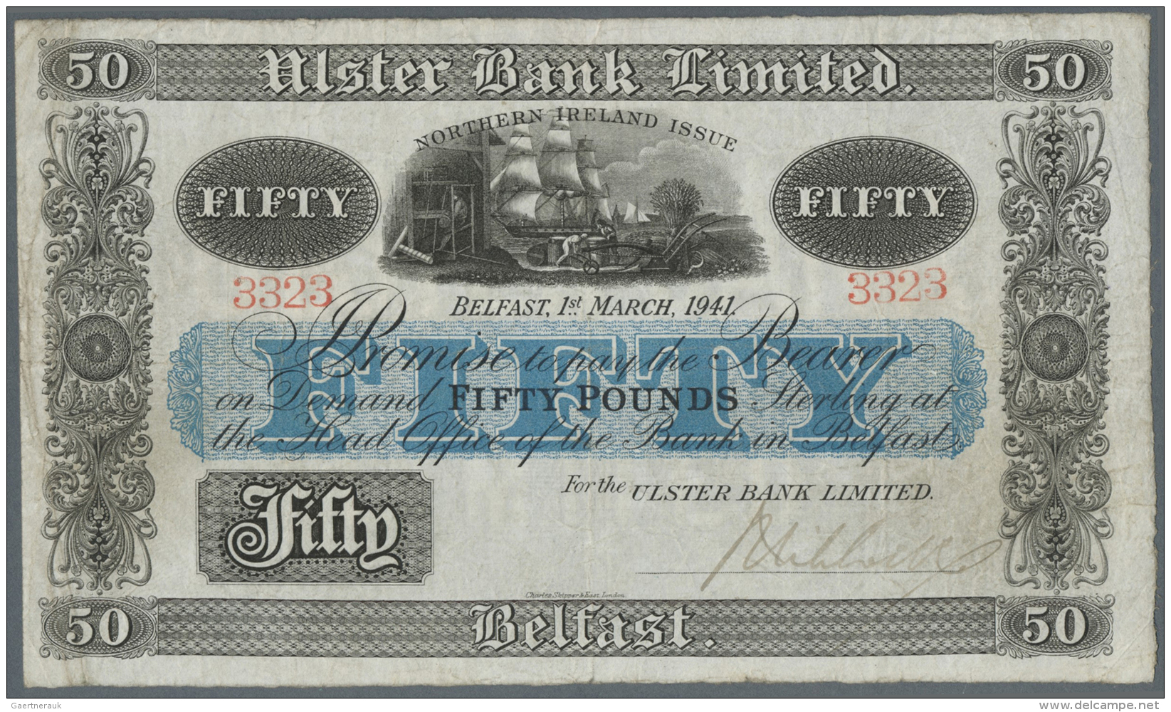 Northern Ireland / Nordirland: 50 Pounds 1941 P. 319, Ulster Bank Limited, Used With Folds And Light Staining At Left Bo - Autres & Non Classés