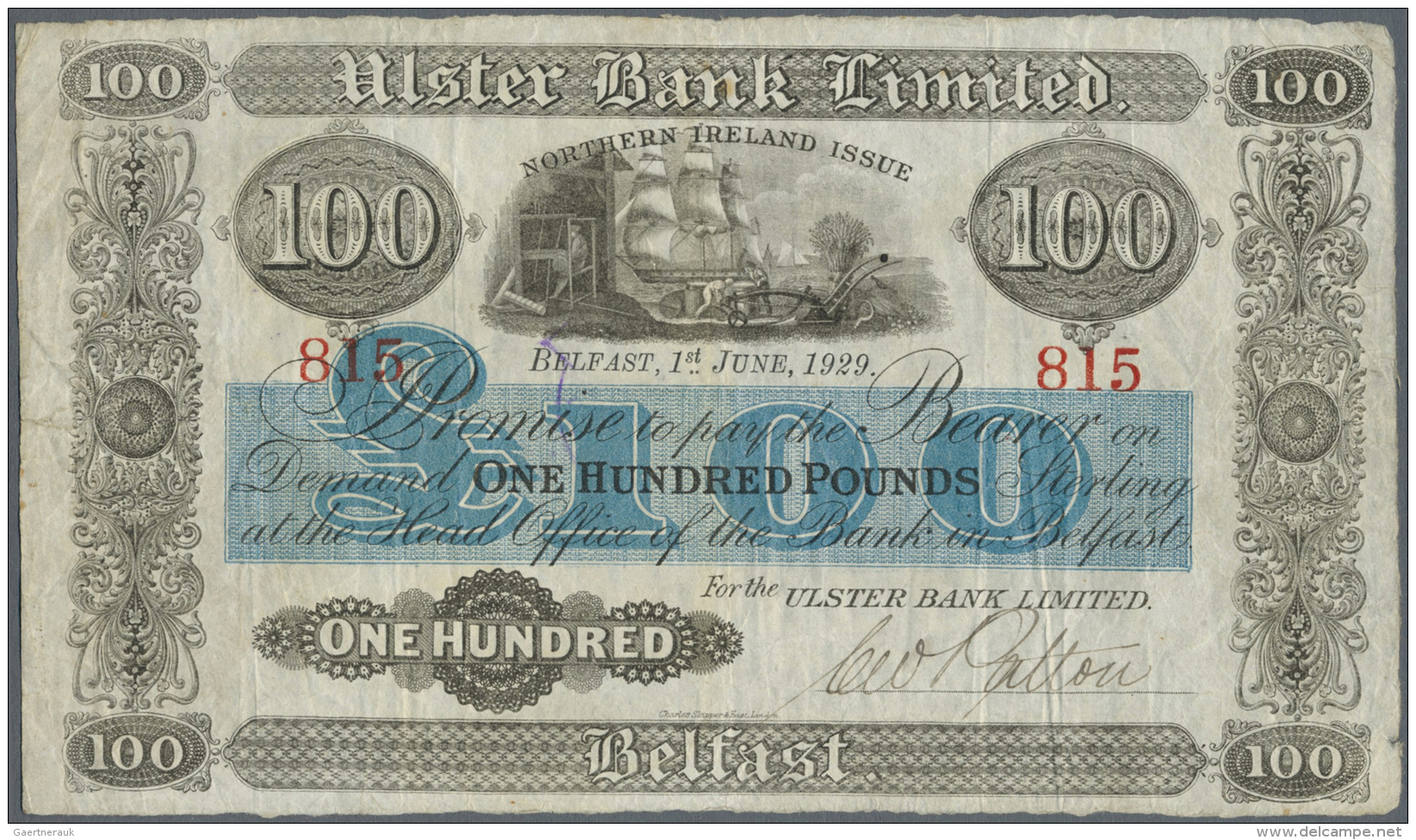 Northern Ireland / Nordirland: 100 Pounds 1929 P. 311, Ulster Bank Limited, Used With Several Folds And Creases But With - Autres & Non Classés