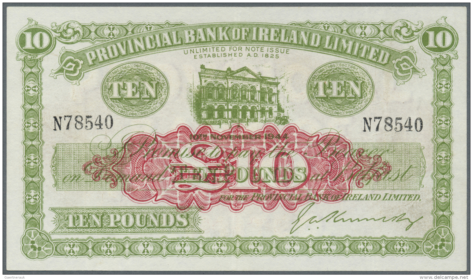 Northern Ireland / Nordirland: 10 Pounds 1944 P. 237a, Provincial Bank Of Ireland Limited, Light Center Fold, Pressed, N - Autres & Non Classés