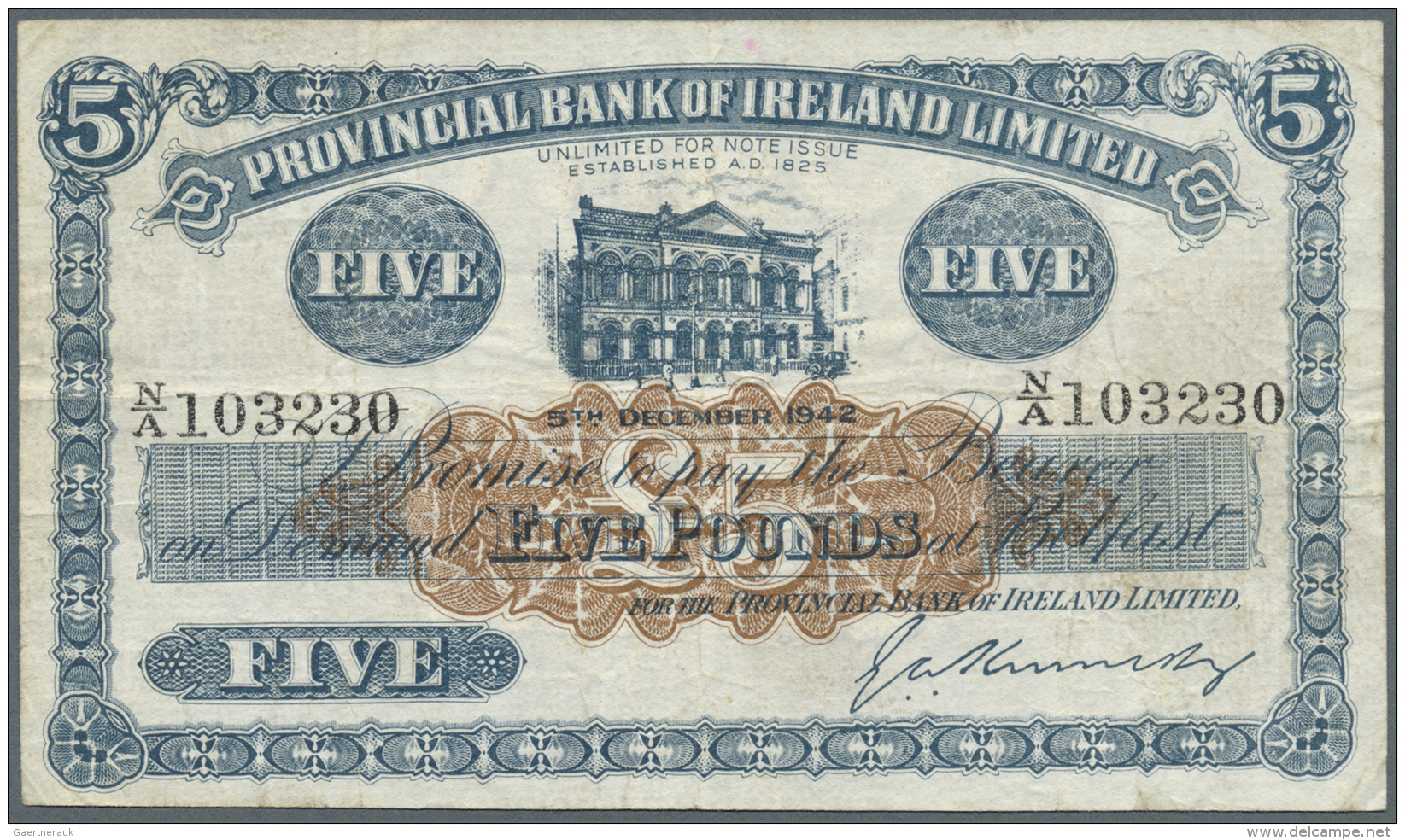 Northern Ireland / Nordirland: 5 Pounds 1942 P. 236b, Provincial Bank Of Ireland Limited, Used With Some Folds, Light St - Autres & Non Classés