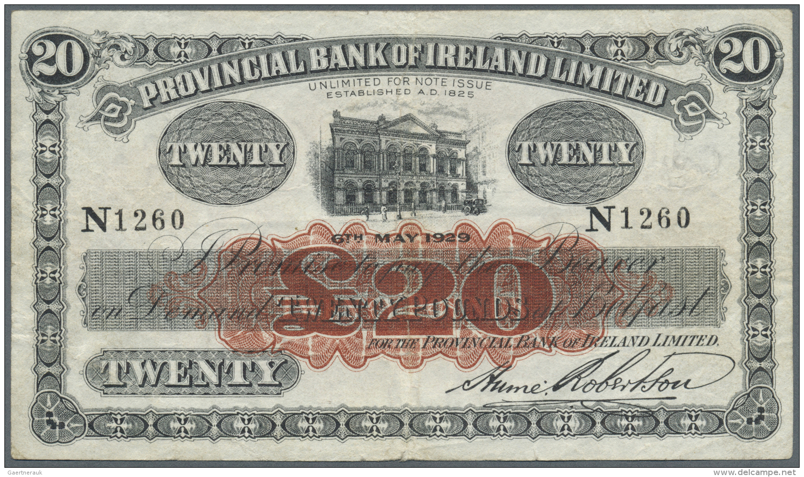 Northern Ireland / Nordirland: 20 Pounds 1929 P. 234a, Used With Several Folds, 2 Pinholes At Upper Left, No Tears, Smal - Autres & Non Classés