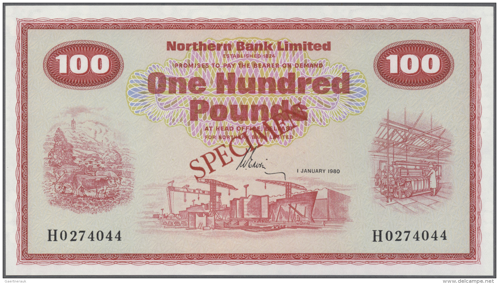 Northern Ireland / Nordirland: 100 Pounds 1980 Specimen P. 192s, Northern Bank Limited, Only A Very Light Corner Dint At - Autres & Non Classés
