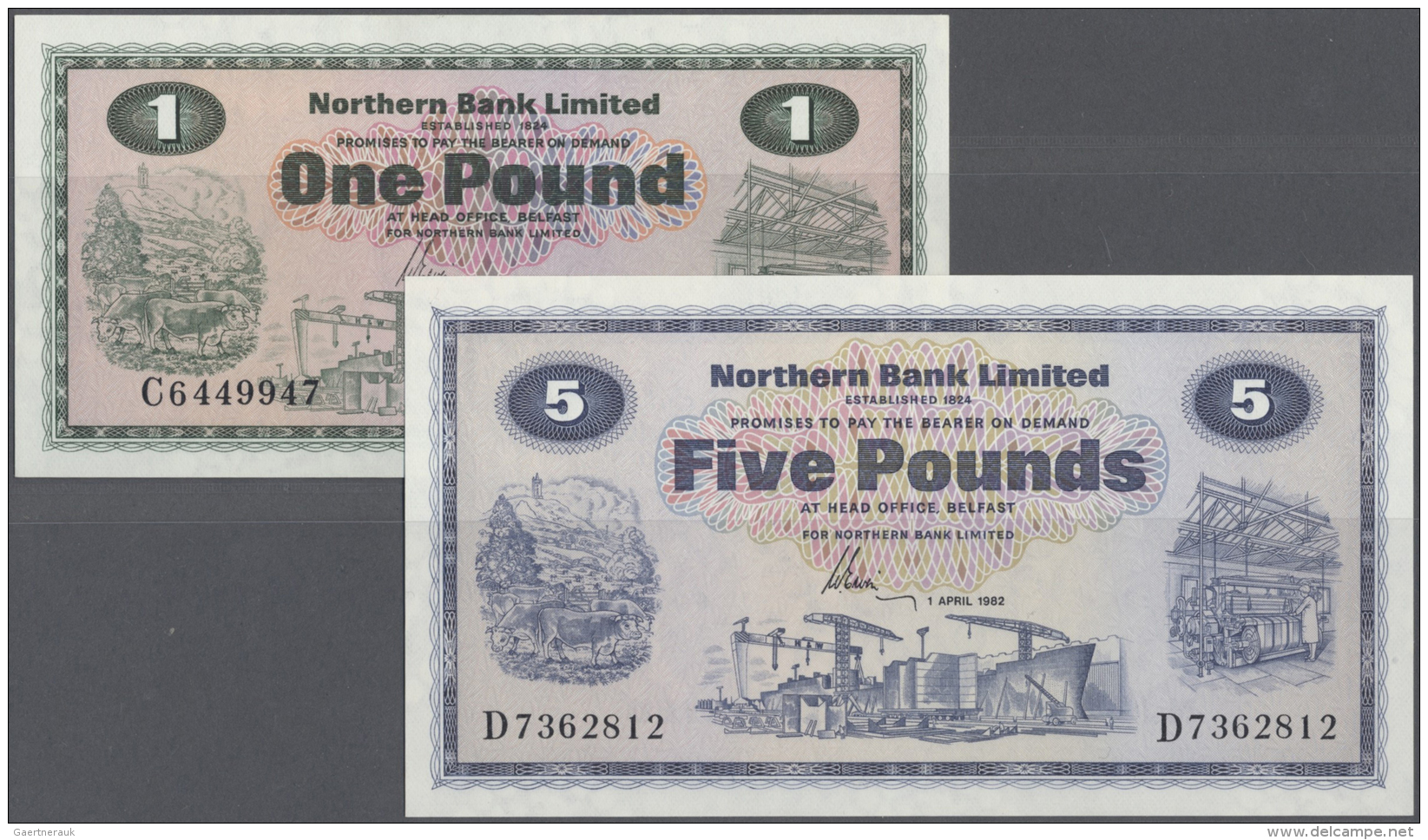 Northern Ireland / Nordirland: Set Of 2 Notes Containing 1 Pound 1978 P. 187c (UNC) And 5 Pounds 1982 P. 188d (UNC), Nic - Autres & Non Classés