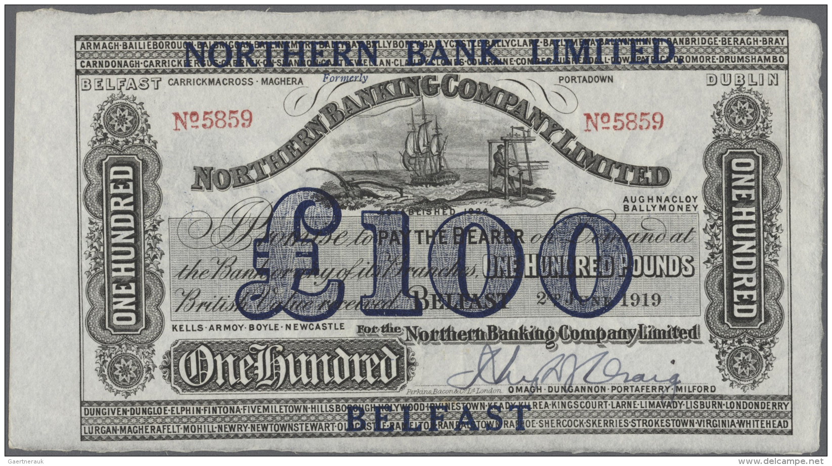 Northern Ireland / Nordirland: 100 Pounds 1919 P. 177, Northern Bank Limted, Never Folded, No Holes Or Tears, Just 2 Lig - Autres & Non Classés