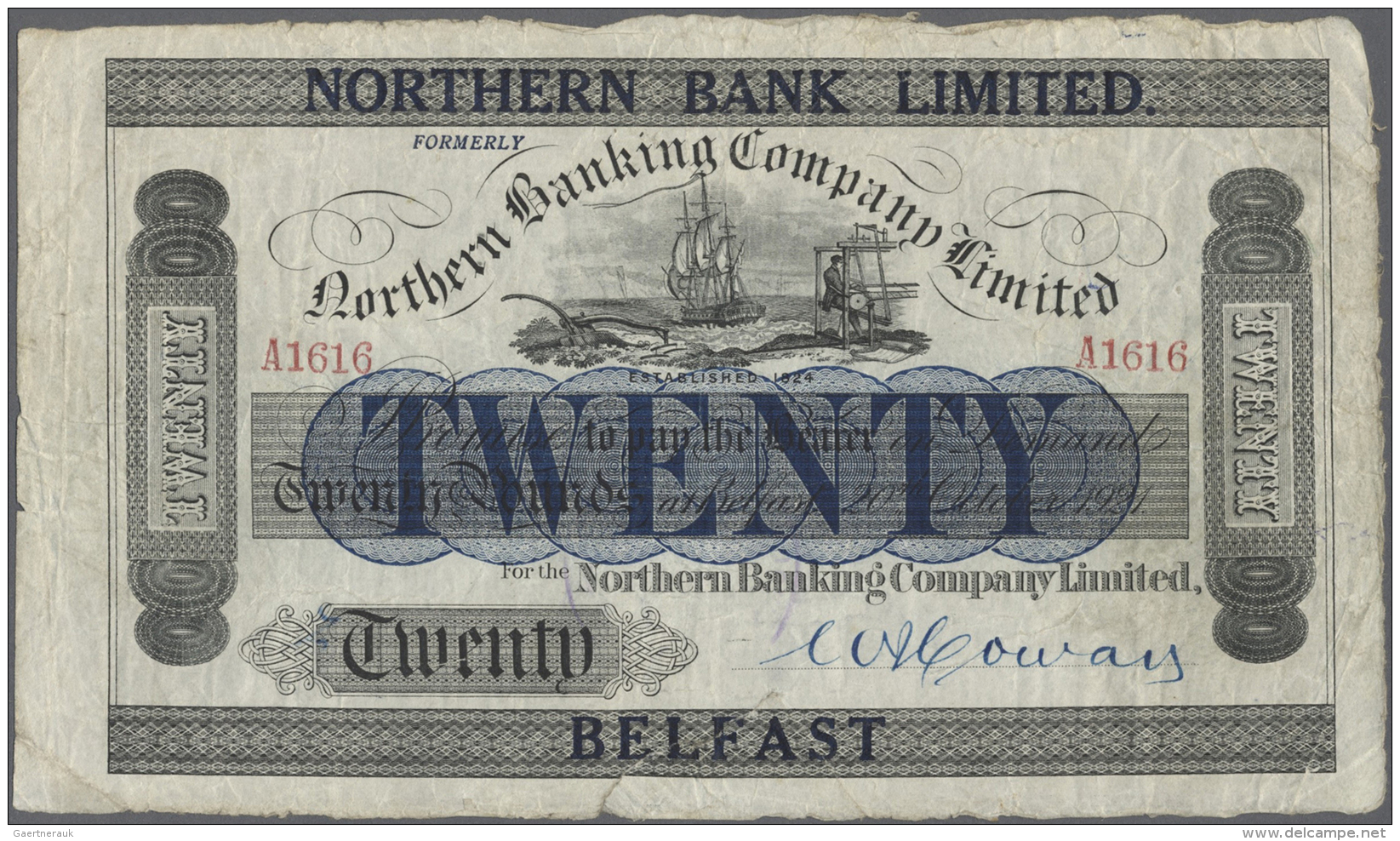 Northern Ireland / Nordirland: 20 Pounds 1921 P. 174, Northern Bank Limited, Used With Folds And Creases, Some Staining - Other & Unclassified