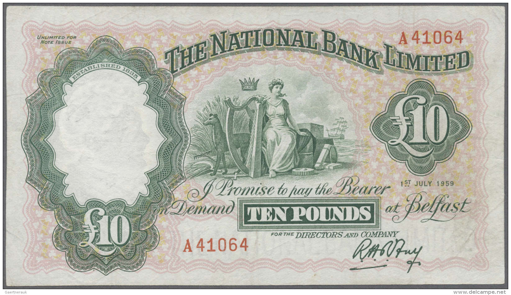 Northern Ireland / Nordirland: 10 Pounds 1959 P. 160b, The National Bank Limited, Light Folds, Seems Pressed But Still V - Altri & Non Classificati