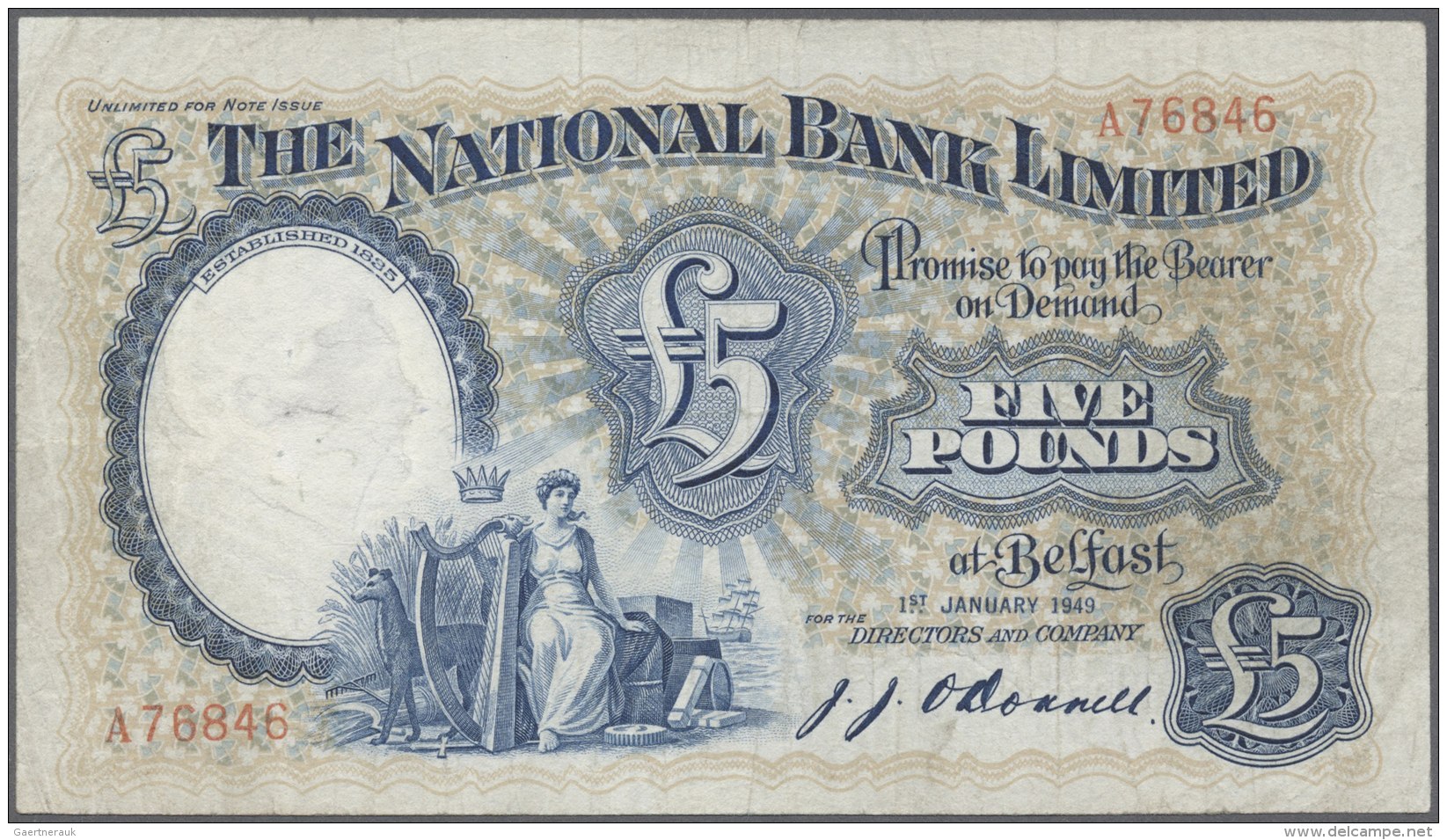 Northern Ireland / Nordirland: 5 Pounds 1949 P. 159, The National Bank Limited, Used With Folds And Creases, No Holes Or - Autres & Non Classés