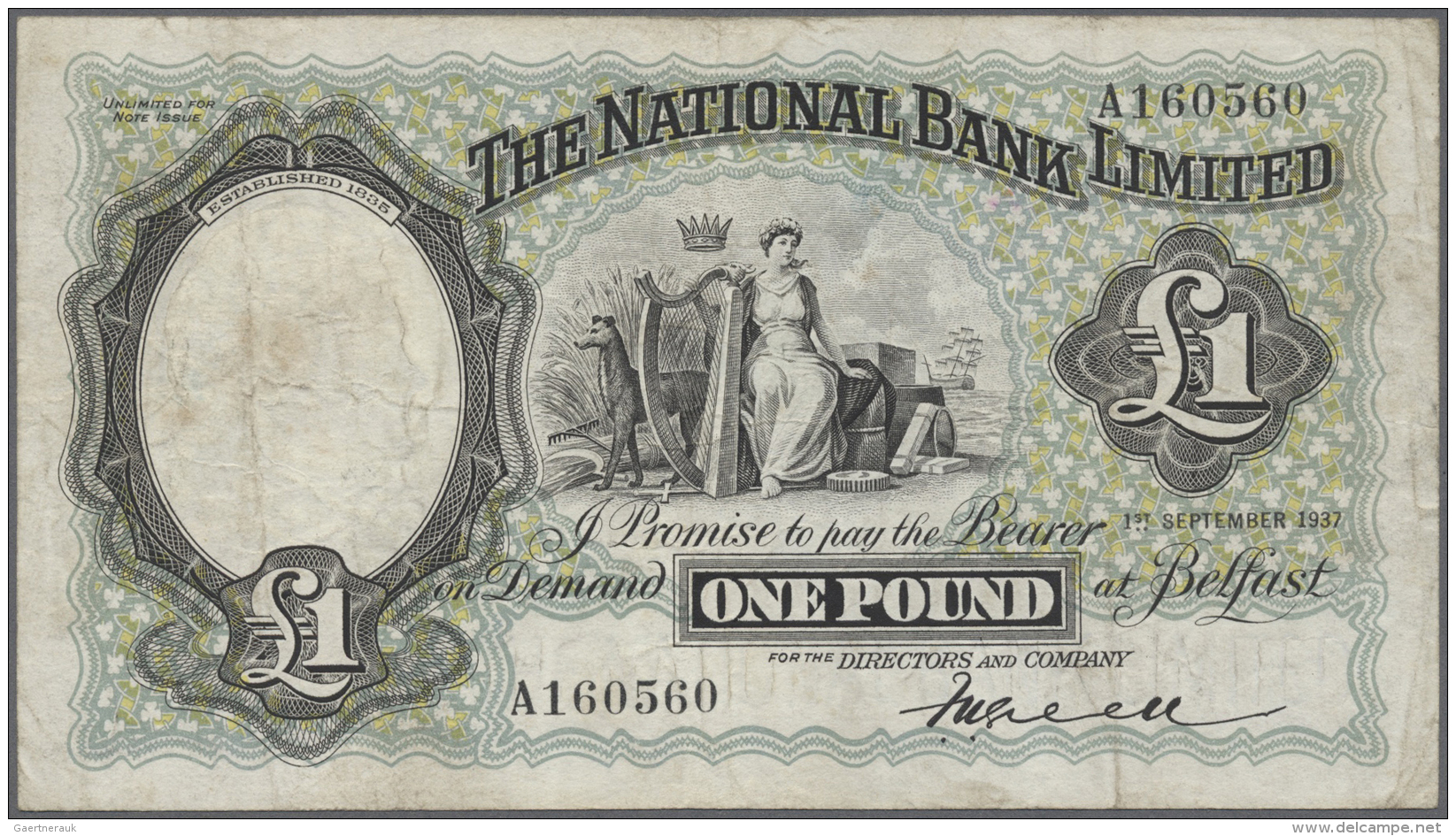 Northern Ireland / Nordirland: 1 Pound 1937 P. 155, The National Bank Limited, Used With Several Folds, Light Staining I - Autres & Non Classés