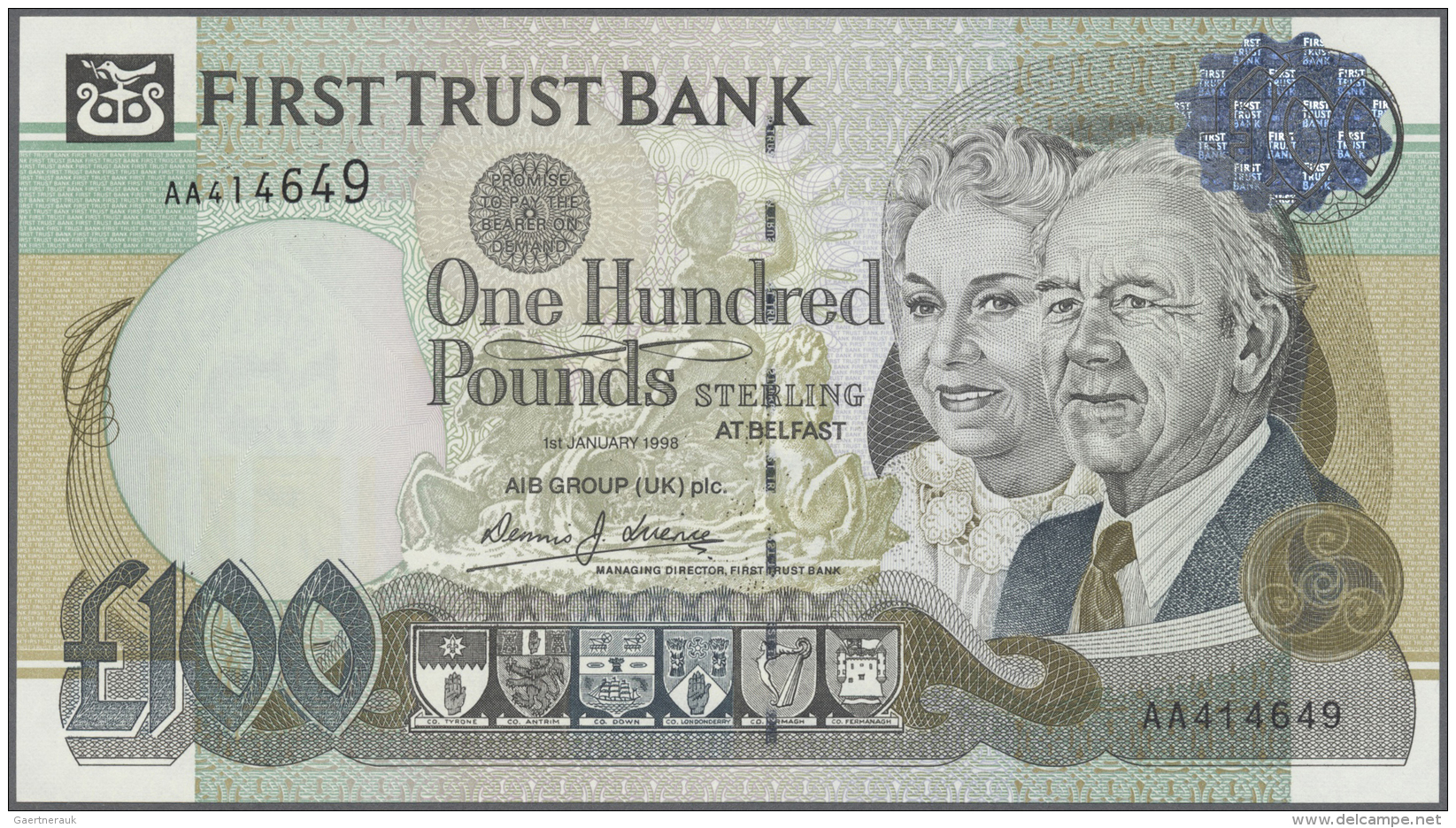 Northern Ireland / Nordirland: 100 Pounds 1998 P. 139b, First Trust Bank, In Condition: UNC. - Other & Unclassified