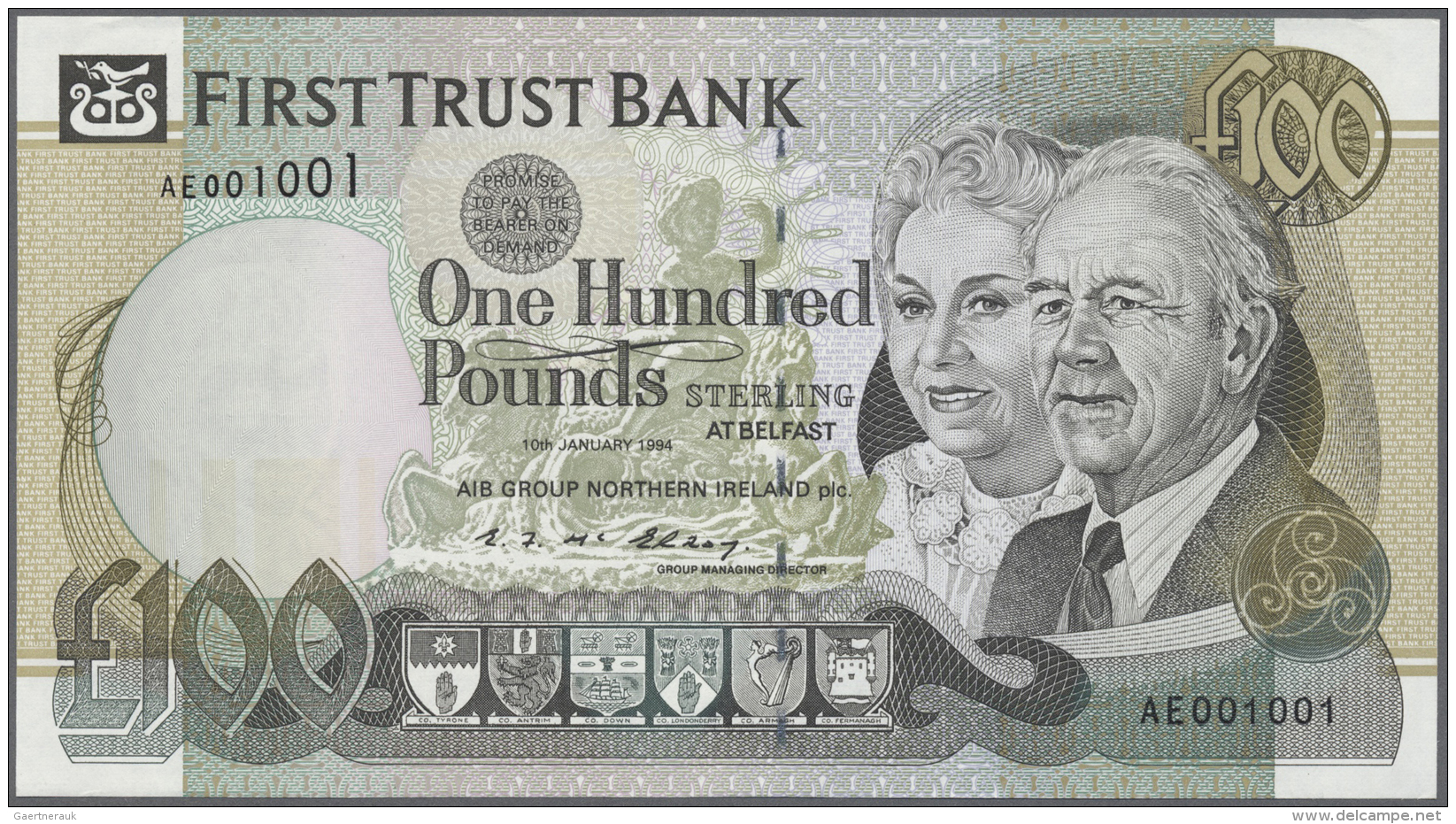 Northern Ireland / Nordirland: 100 Pounds 1994 P. 135a, First Trust Bank, Light Dint At Upper Right, Condition: AUNC. - Autres & Non Classés