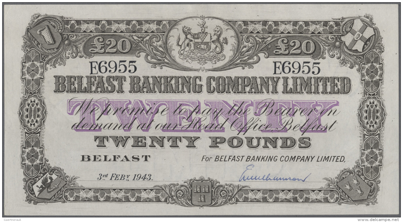 Northern Ireland / Nordirland: 20 Pounds 1943 P. 129c, Very Rare Note, Only A Very Very Light Center Bend, No Folds, No - Autres & Non Classés
