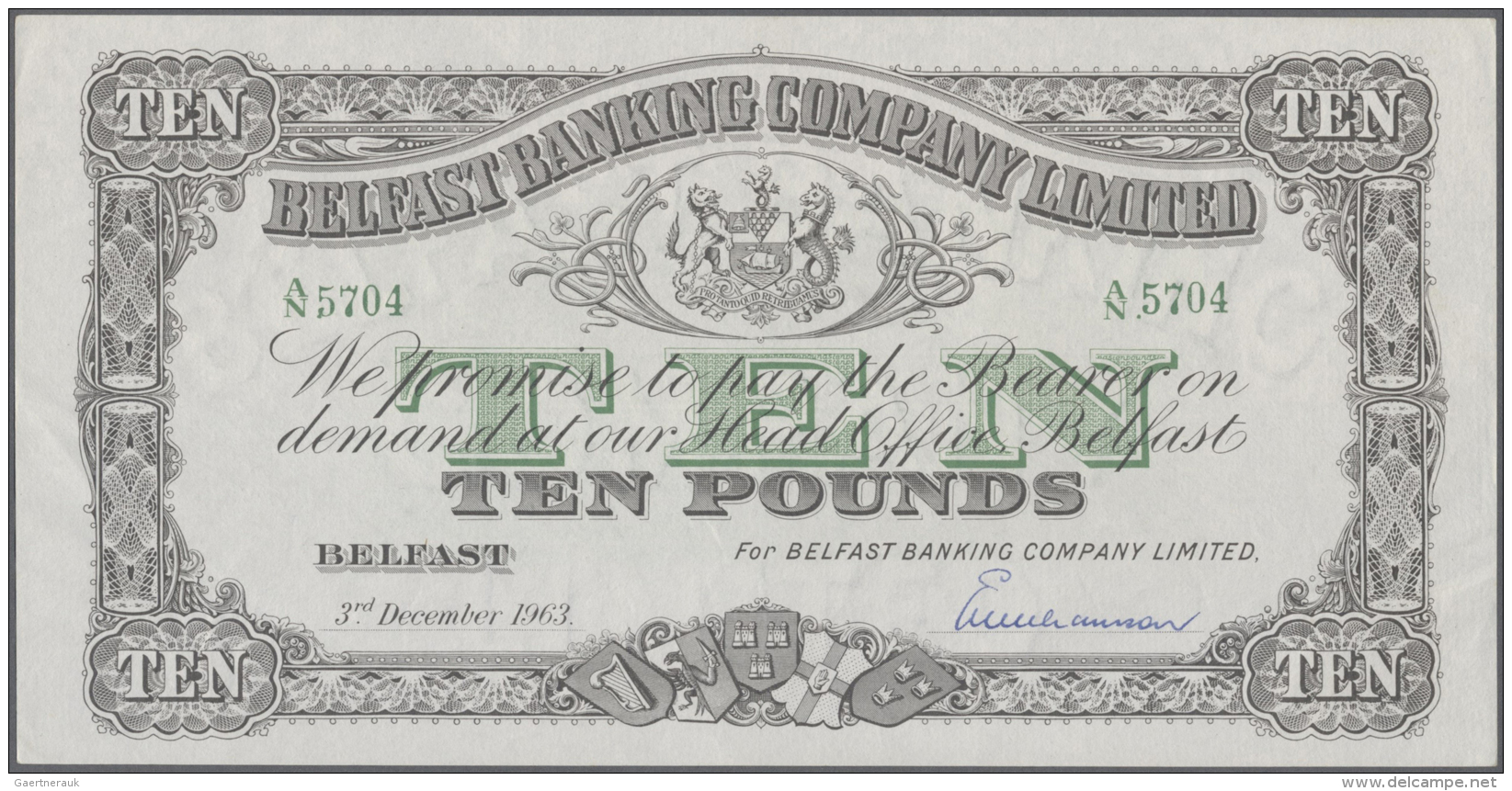 Northern Ireland / Nordirland: 10 Pounds 1963 P. 128c, Belfast Banking Company, Light Creases At Left And Right Border, - Altri & Non Classificati