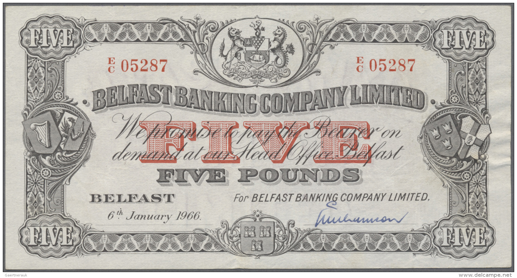 Northern Ireland / Nordirland: 5 Pounds 1966 P. 127c, Light Creases All Over The Note But Still Very Crisp Paper, No Hol - Altri & Non Classificati