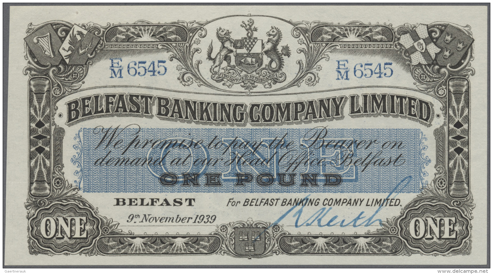 Northern Ireland / Nordirland: 1 Pound 1939 P. 126b, Belfast Banking Company, Only 2 Light Dints At Right Border, No Fol - Altri & Non Classificati