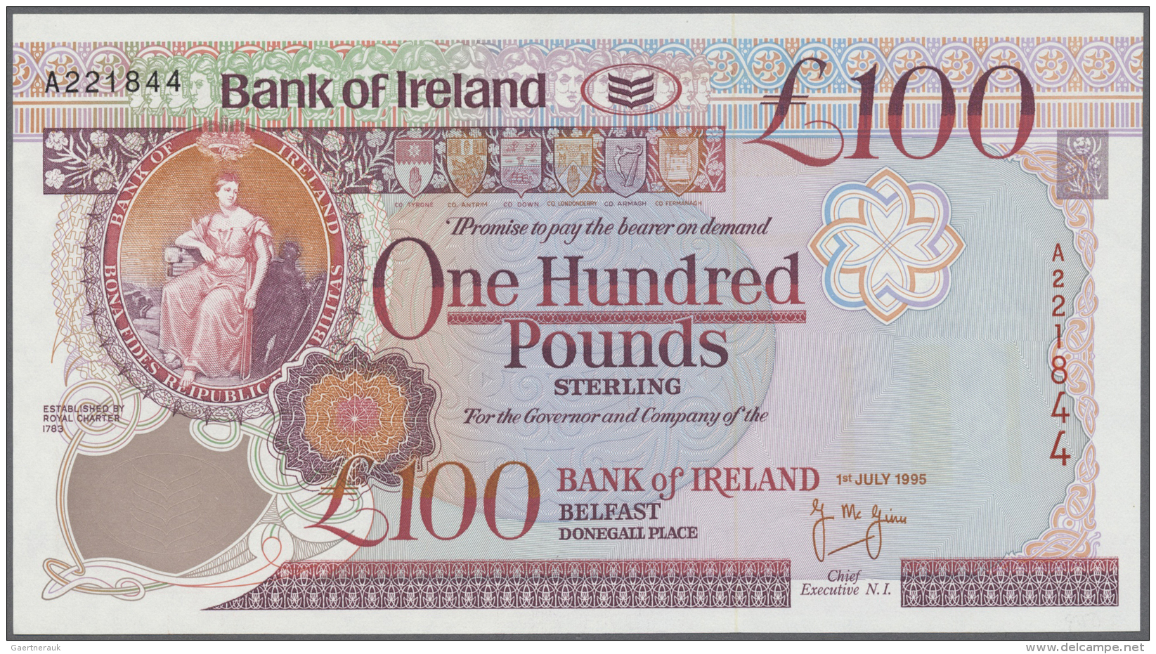 Northern Ireland / Nordirland: 100 Pounds 1995 P. 78a, Light Handling In Paper But Not Folded, Condition: AUNC. - Autres & Non Classés