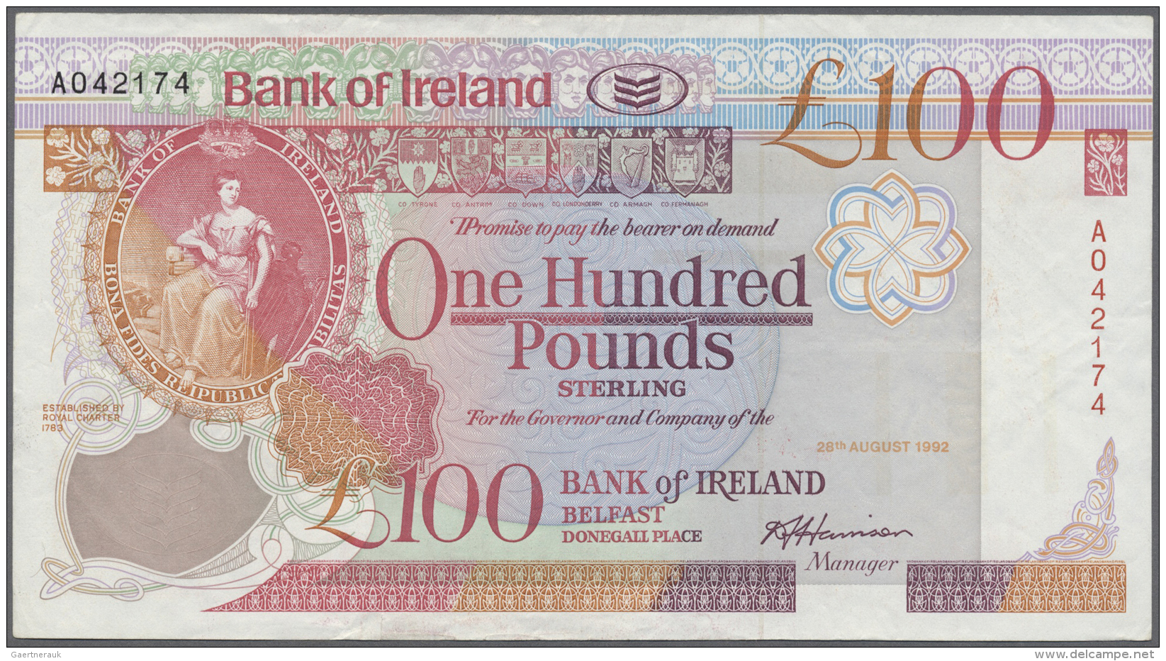 Northern Ireland / Nordirland: 100 Pounds 1992 P. 73a, Used With Folds And Creases But No Holes Or Tears, Still Strong P - Autres & Non Classés