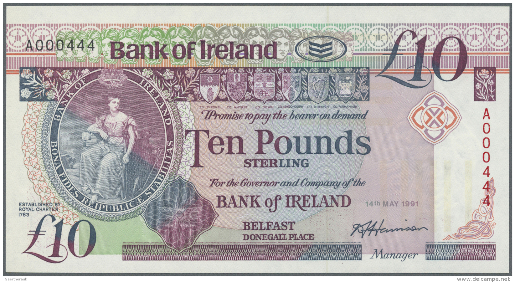 Northern Ireland / Nordirland: 10 Pounds 1991 P. 71a With Low Serial Number A000444, Condition: UNC. - Other & Unclassified