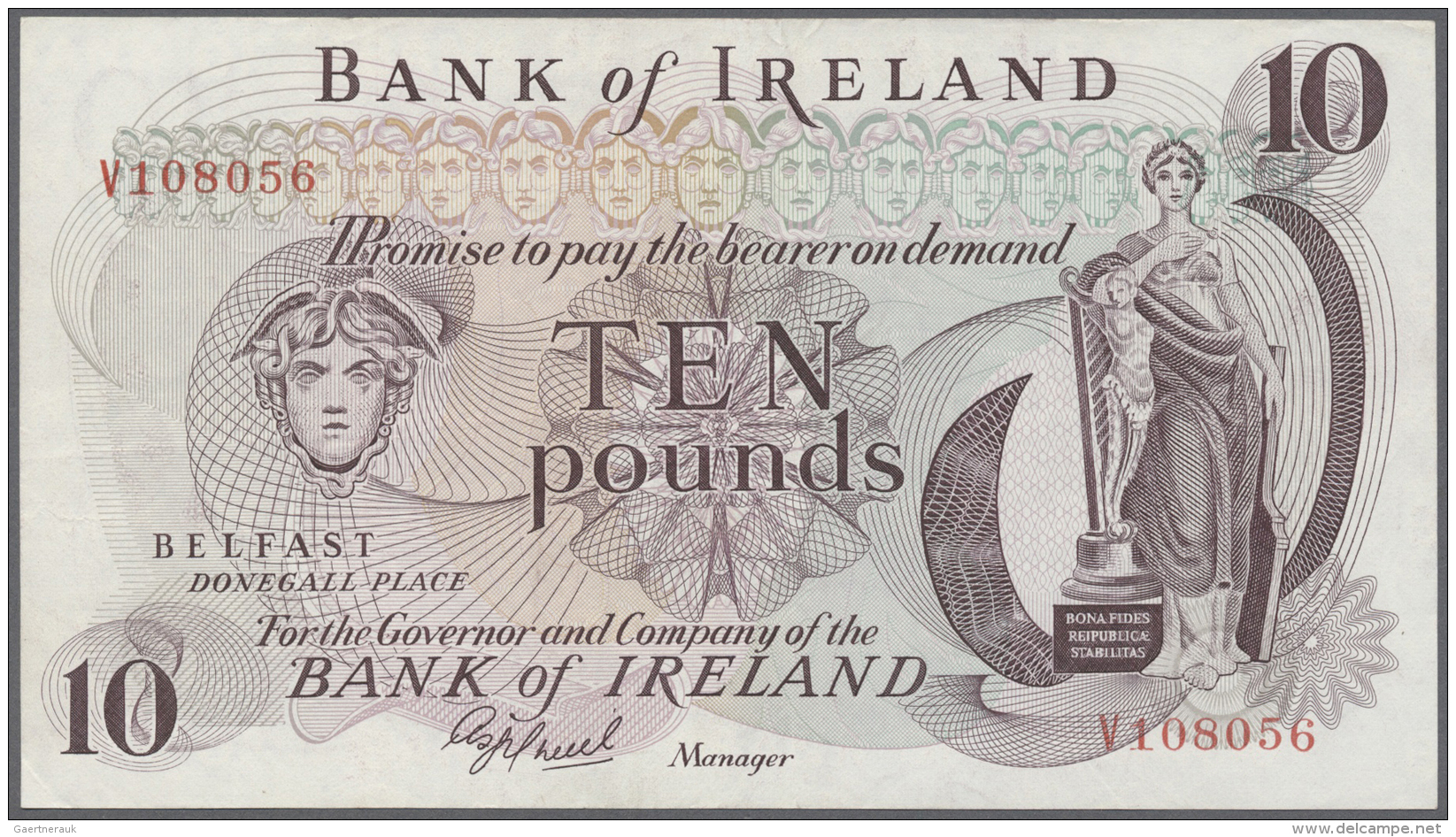 Northern Ireland / Nordirland: 10 Pounds ND(1977) P. 63b, Bank Of Ireland, Light Folds In Paper, No Holes Or Tears, Cond - Autres & Non Classés